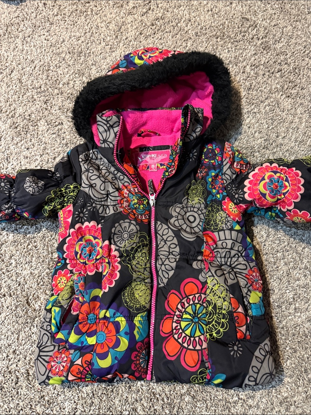 Hawke & Co Black Floral Hooded Puffer Jacket with Pink Lining